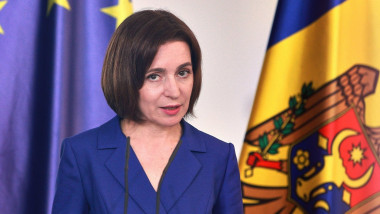 Berlin, Deutschland, 17.05.2024: Bundeskanzleramt: Empfang der Staatsprsidentin von Moldawien durch den deutschen Bundeskanzler: Maia Sandu vor einer Fahne der Europischen Union *** Berlin, Germany, 17 05 2024 Federal Chancellery Reception of the Presiden